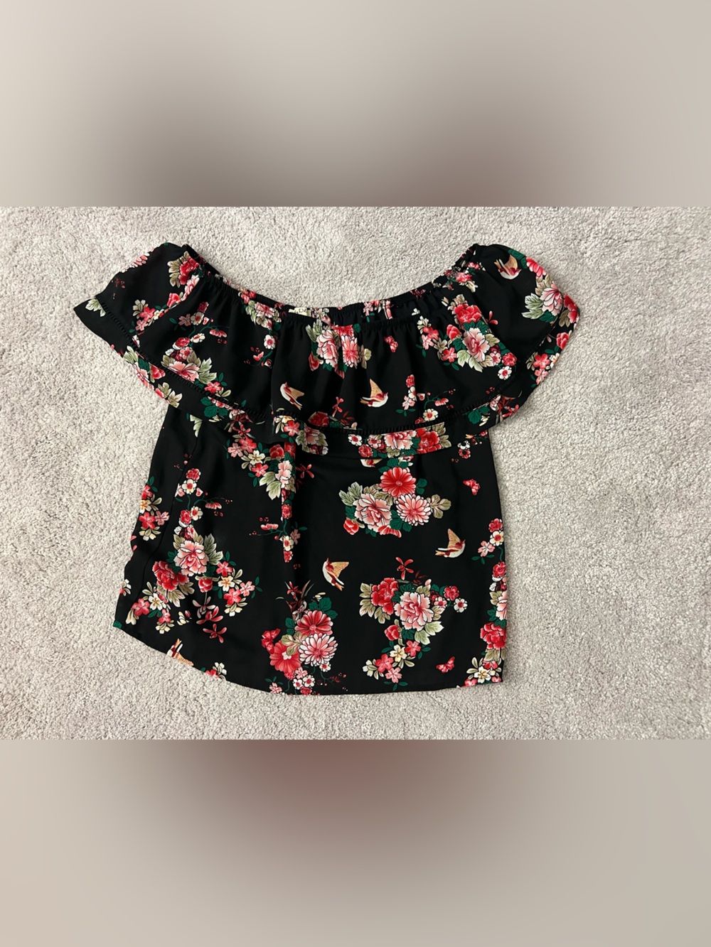 Francesca’s Small Black Floral Women’s Blouse Shirt Off the Shoulder